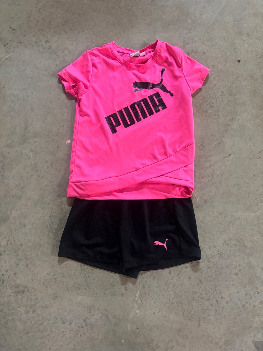 Puma Neon Pink Tee with Black Shorts